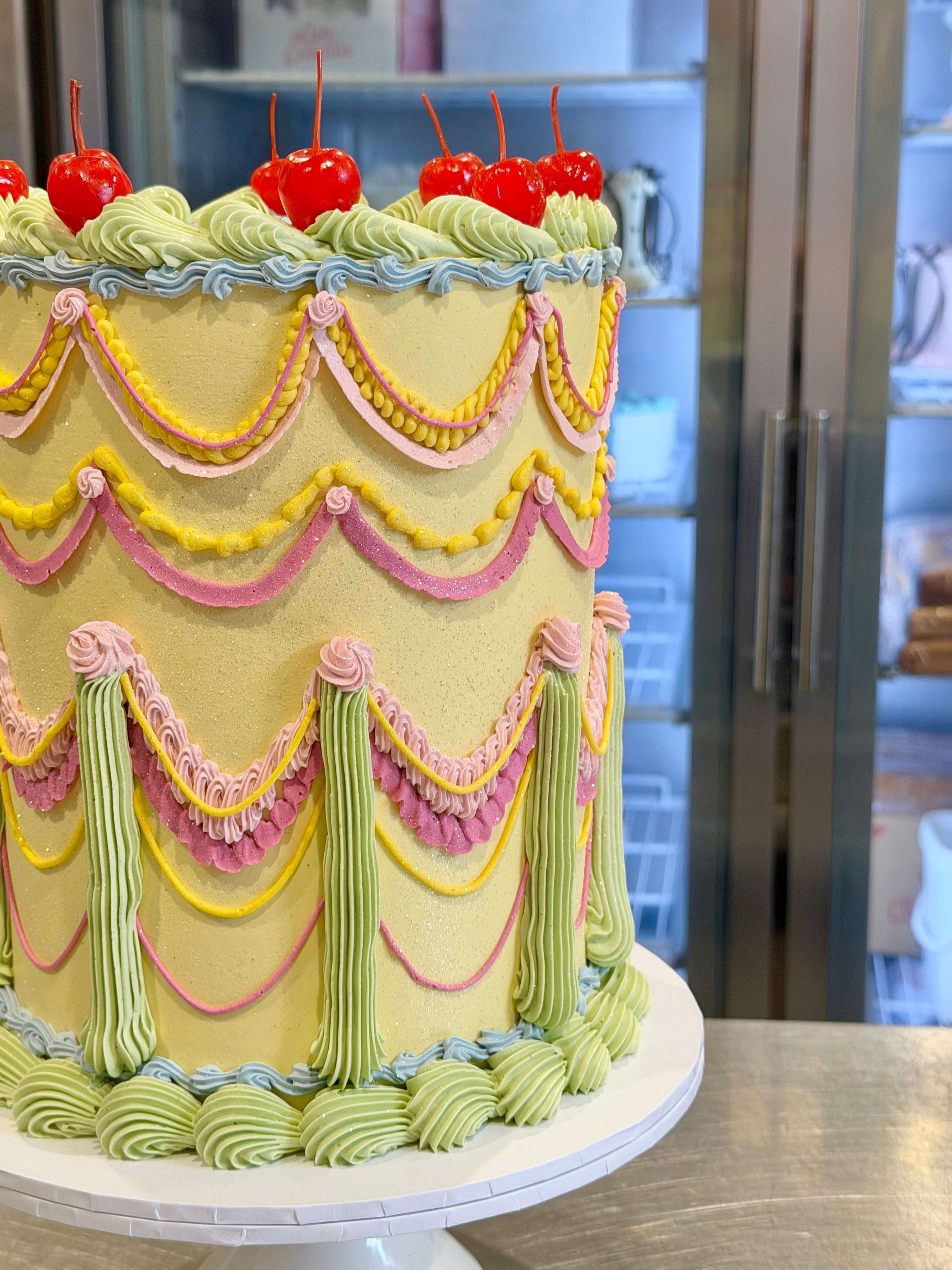 OTT Frilly Retro Cake - From $250 (6+ rows of piping, multi-coloured)