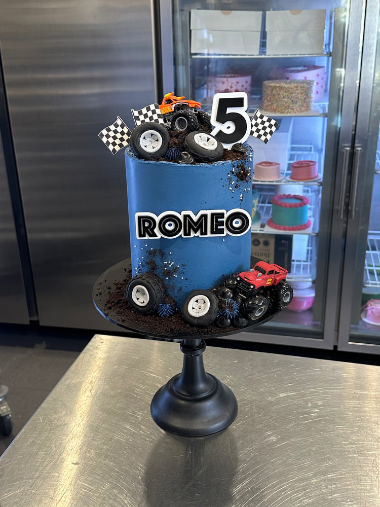 7" x 4 layer + acrylic double layer front & top topper + toy cars + sprinkles + Oreos + Edible print flags